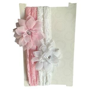 Brand New Baby Infant Girls Dainty Floral & Lace Luxe Bow Headband Set